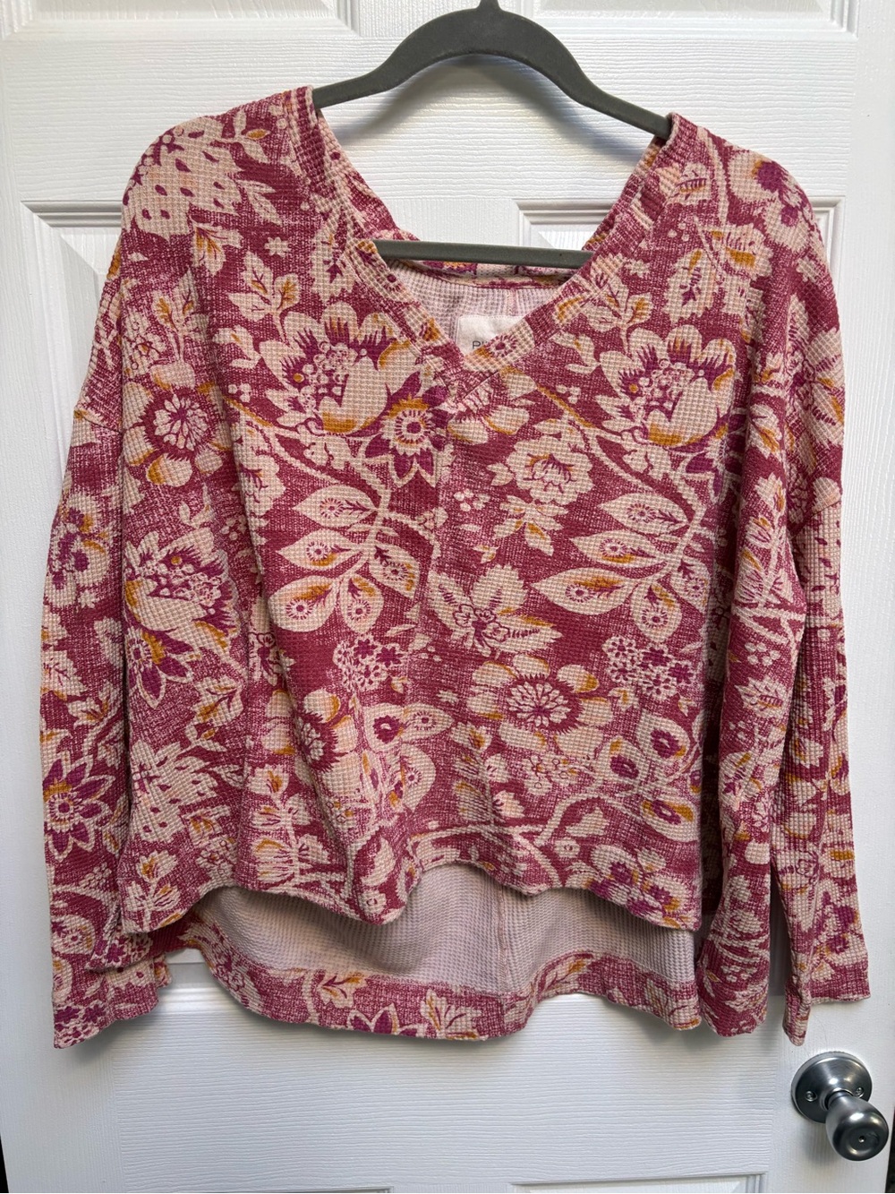 Anthropologie Pink Floral Waffle V-Neck Long Sleeve Top